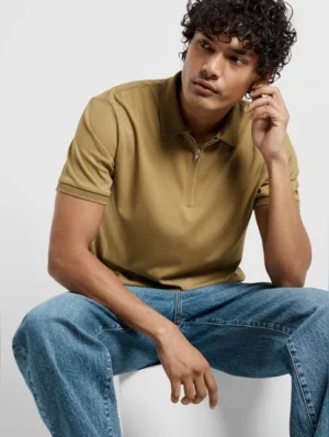 Zip-Up Polo T-Shirt, Brown