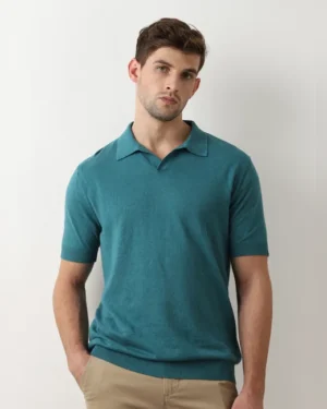 Turquoise Linen Polo T-Shirt, Teal Green
