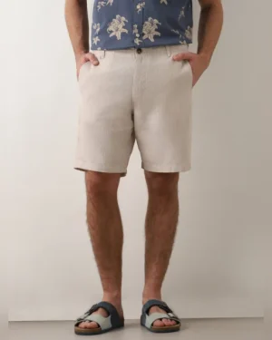 Beige Mi Rise Linen Shorts