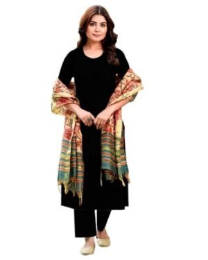 Women's Rayon Viscose Straight Solid Kurta with Pant & Dupatta, Black/Green