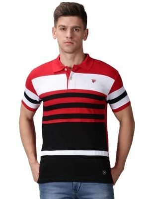 Men’s Cotton Striped Polo T-Shirt, Red/White