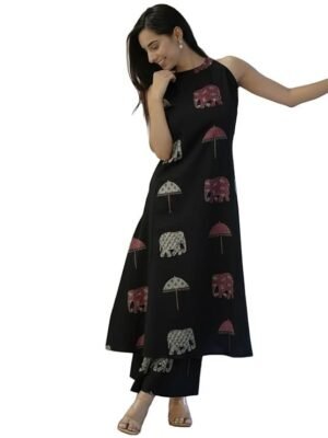 Pure Cotton Kurta Pant Set with Dupatta for Women, Black