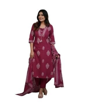 Women's Pure Cotton Printed with Handwork Kurta Set, Maroon