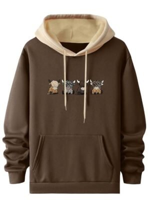 Men's Casual Woolen Hoodie with Cartoon Print, Brown