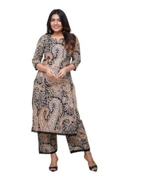 Women Viscose Printed Straight Kurta Pant Set, Black