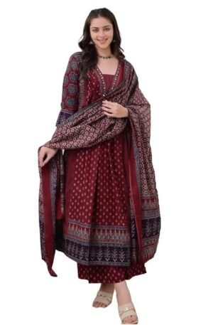Women's Rayon Printed Anarkali Kurta and Pant with Dupatta Set, Maroon