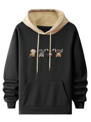Men's Casual Woolen Hoodie with Cartoon Print, Black