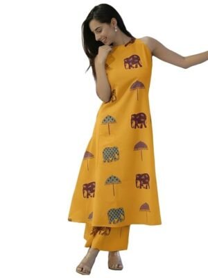 Pure Cotton Kurta Pant Set with Dupatta for Women, Yellow