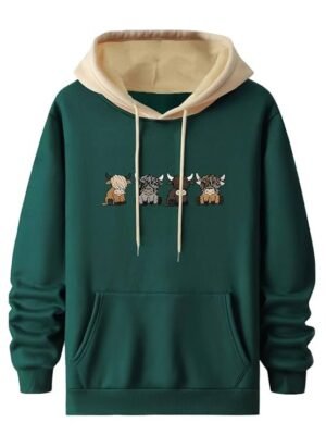 Men's Casual Woolen Hoodie with Cartoon Print, Green