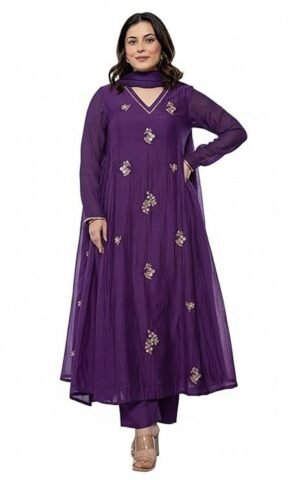 Women Embroidery Solid Anarkali Kurta and Pant Set with Dupatta, Purple