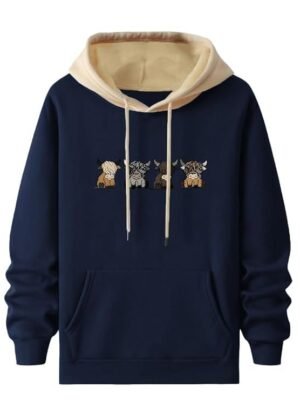 Men's Casual Woolen Hoodie with Cartoon Print, Navy
