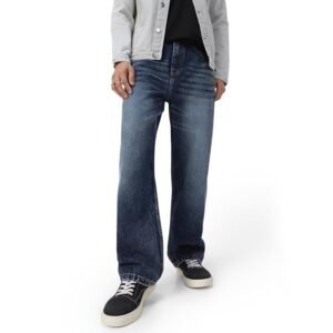 Men's Loose Mid Rise Baggy Fit Washed Jeans - Dark Blue