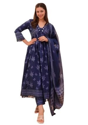 Women Printed Anarkali Kurta and Pant Set with Dupatta, Blue