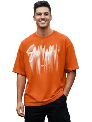 Half Sleeve Cottonblend Graphic Print Round Neck T-Shirt, Orange