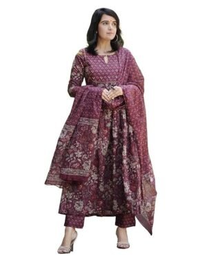 Women Anarkali Kurta and Pant Set With Dupatta, Maroon