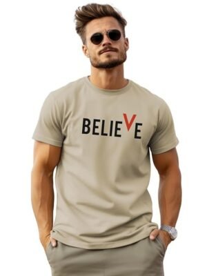 Men Cotton Regular Printed T-Shirt, Cream
