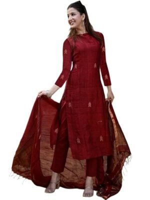 Pure Cotton Kurta Pant Set with Dupatta for Women, Maroon