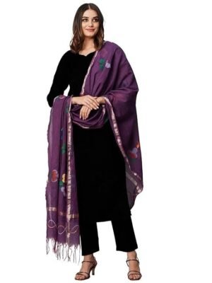 Women's Rayon Viscose Straight Solid Kurta with Pant & Dupatta, Black/Violet