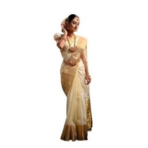 Women's Mulberry Silk Traditional Saare, White/Golden