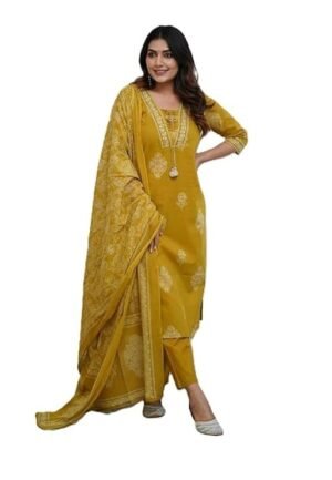 Women's Pure Cotton Printed with Handwork Kurta Set, Yellow