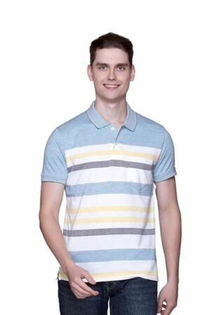 Men's Striped Polo T-Shirt, White/Sky Blue