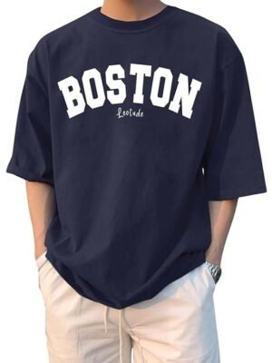 Man Graphic Print Round Neck Half Sleeve Drop Shoulder Oversized T Shirt, Navy Blue