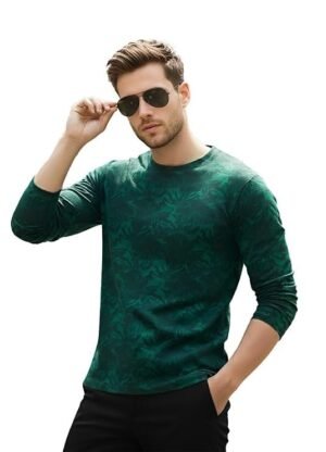 Men's Printed Full Sleeve Slim Fit Cotton T-Shirt, Green