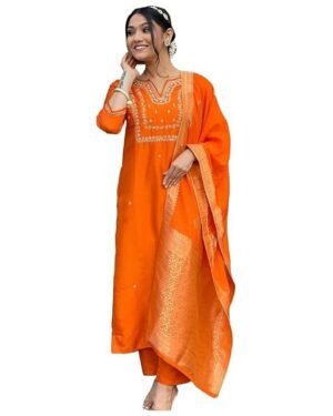 Women's Silk Blend Straight Embroidered Kurta with Pant & Dupatta, Orange