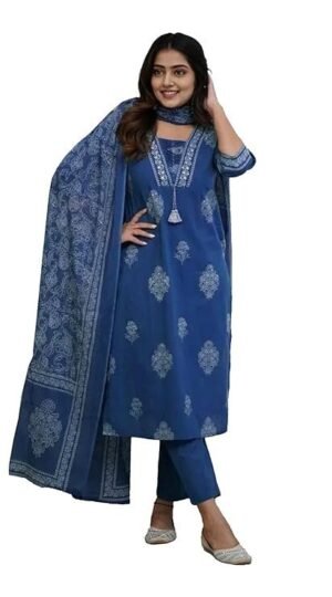 Women's Pure Cotton Printed with Handwork Kurta Set, Navy Blue