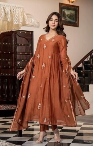 Women Embroidery Solid Anarkali Kurta and Pant Set with Dupatta, Orange