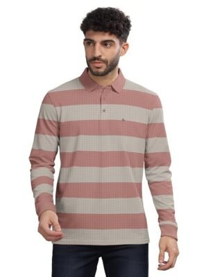 Striped Textured Printed Polo Neck Fullsleeve T-Shirt, White/Pink