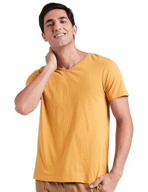 Men Cotton Solid V-Neck Regular Fit T-Shirt, Yellow