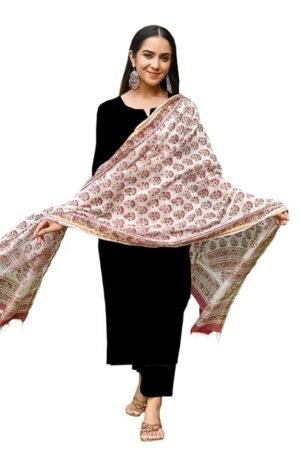 Women's Rayon Viscose Straight Solid Kurta with Pant & Dupatta, Black/White