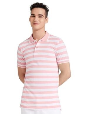 Men's Cotton Rich Striped Polo T-Shirts, White/Pink