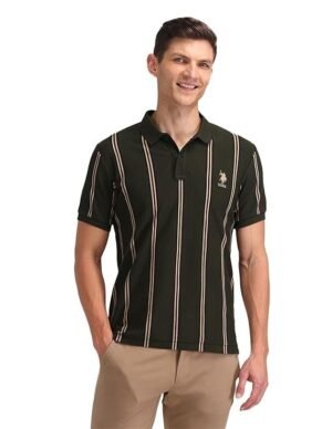 Vertical Striped Slim Polo Shirt, Black