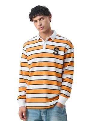 Men's Long Sleeves Collared Neck Striped T-Shirts, White/Orange