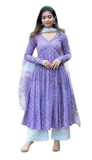 Women Printed Anarkali Kurta and Pant Set with Dupatta, Purple