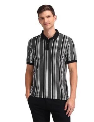 Men's Cotton Regular Striped Polo Shirt, Black/White