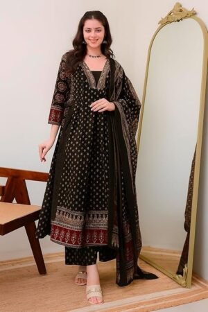 Women's Rayon Printed Anarkali Kurta and Pant with Dupatta Set, Black