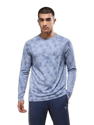 Men's Crew Neck Full Sleeve Printed Jacquard T-Shirt, Light Blue