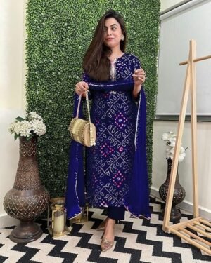 Women's Rayon Viscose Straight Bandhej Printed Kurta with Pant & Dupatta, Blue