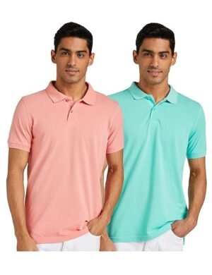 Men's Cotton Rich Solid Polo T-shirt Set of 2, Pink/Green