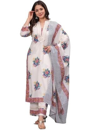 Women's Pure Cotton Printed Straight Kurta Set with Dupatta, White