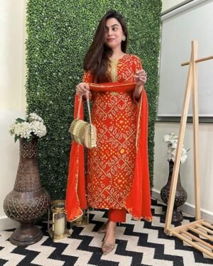 Women's Rayon Viscose Straight Bandhej Printed Kurta with Pant & Dupatta, Orange