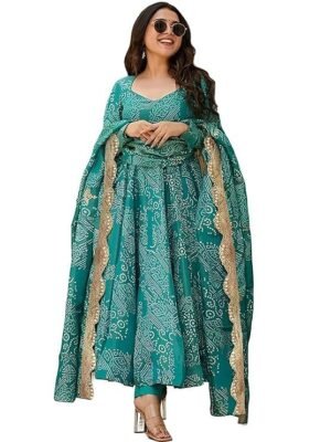 Women's Bandhani Print Flared Anarkali Muslin Kurta Set, Teal Green