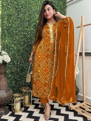 Women's Rayon Viscose Straight Bandhej Printed Kurta with Pant & Dupatta, Mustard