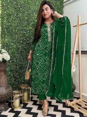 Women's Rayon Viscose Straight Bandhej Printed Kurta with Pant & Dupatta, Green
