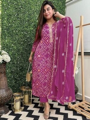 Women's Rayon Viscose Straight Bandhej Printed Kurta with Pant & Dupatta, Purple