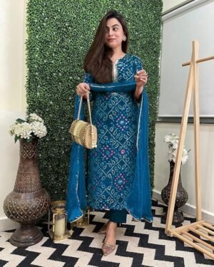 Women's Rayon Viscose Straight Bandhej Printed Kurta with Pant & Dupatta, Dark Blue