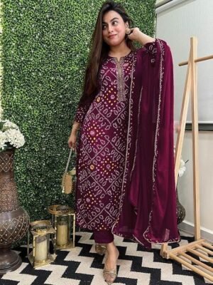 Women's Rayon Viscose Straight Bandhej Printed Kurta with Pant & Dupatta, Wine